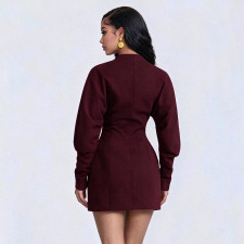 SC Solid Color Long Sleeve Ruched Mini Dress GSZM-J26DS463