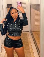 SC Long Sleeve Zipper PU Leather 2 Piece Shorts Set MEM-88735