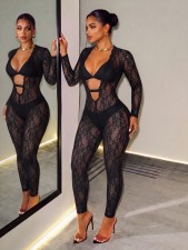 SC Lace See Through Deep V Neck Jumpsuit GHYX-TXY5594