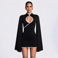 SC Solid Color Long Sleeve Hollow Out Mini Dress GSZM-C26DS445
