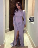 SC Deep V Neck Ruffles Split Maxi Dress GLYK-LX0163