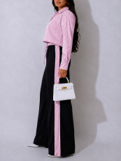 SC Long Sleeve Stripe Top Wide Leg Pants Suit HNIF-GY357