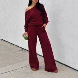 SC Solid Color Slash Shoulder Top Pants Suit HNIF-YF413