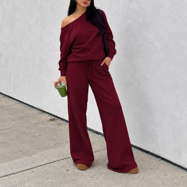 SC Solid Color Slash Shoulder Top Pants Suit HNIF-YF413