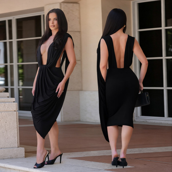 SC Deep V Neck Backless Midi Dress BY-7885