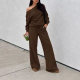 SC Solid Color Slash Shoulder Top Pants Suit HNIF-YF413