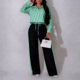 SC Long Sleeve Stripe Top Wide Leg Pants Suit HNIF-GY357