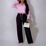 SC Long Sleeve Stripe Top Wide Leg Pants Suit HNIF-GY357