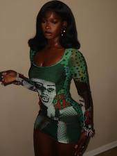 SC Mesh Printed Long Sleeve Mini Dress GNJF-1979