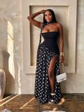 SC Polka Dot Printed Patchwork Split Maxi Dress(With Scarf) GADE-92741