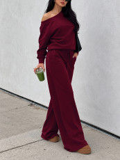 SC Solid Color Slash Shoulder Top Pants Suit HNIF-YF413