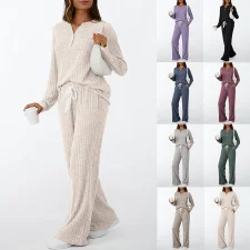 SC Solid Color Long Sleeve V Neck Pajamas Two Piece Pant Set GSXL-HD9913