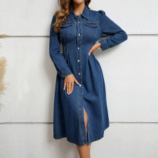 SC Long Sleeve Lapel Single Breasted Denim Midi Dress GDAM-218655