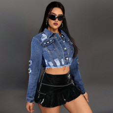 SC Fashion Holes Long Sleeve Denim Short Coat GDAM-218753