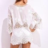 2019 Sexy Summer Hollow Perspective White lace Womens Lace Dress Ladies Plunge Holiday Short Transparent female Cute dresses