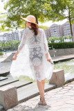 New Hook Design Lace Open Stitch Dress Embroidery Cotton Women's Beach Dress V-neck Tie Up Long Sexy Dress White Robes