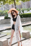 New Hook Design Lace Open Stitch Dress Embroidery Cotton Women's Beach Dress V-neck Tie Up Long Sexy Dress White Robes