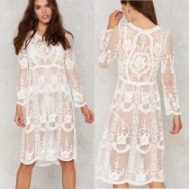 Fashion Hollow Out Lace Summer Cover Up back Casual Short Dress 