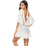 2019 Sexy Crochet Beach Cover Up Open Back Summer Beach Dress Cotton Ruffle Ball Swimwear Cover Up Solid Robe De Plage