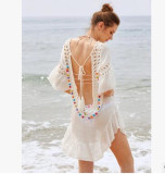 2019 Sexy Crochet Beach Cover Up Open Back Summer Beach Dress Cotton Ruffle Ball Swimwear Cover Up Solid Robe De Plage