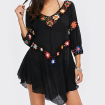 New summer casual three quarter sleeve blouse crocheted deep V neck pullover women shirt 