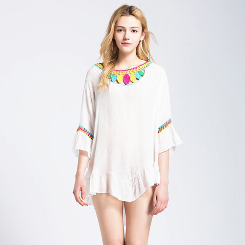 Hot sale Fancy short Sleeve Transparent Women Lace Blouse for beach