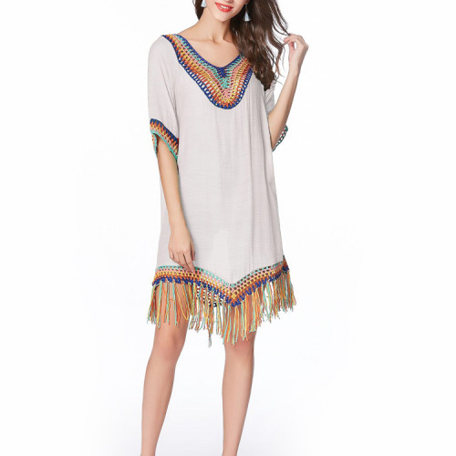 White Cover Up With Pastel Sexy V-neck Cut Out Beach Dress Women 2019 Summer Bathing Suit Beachwear