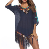 New fashion flower v neck pullover loosen chiffon lady blouse hollow out crocheted short sleeve women shirt with Tassel