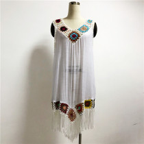  cotton white women sexy indian beach wear dress beach cover-up with tassel