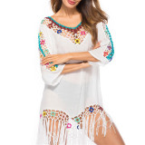 New fashion flower v neck pullover loosen chiffon lady blouse hollow out crocheted short sleeve women shirt with Tassel