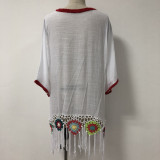 2019 Summer Sundress Women White Beach Dress with Tassel Sexy Loose Flower Crochet Cotton Boho Maxi Dress