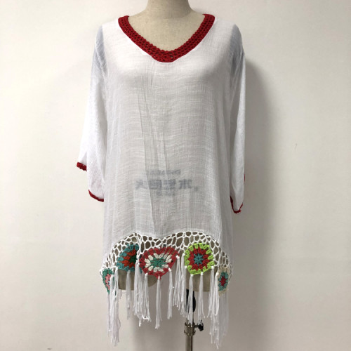 2019 Summer Sundress Women White Beach Dress with Tassel Sexy Loose Flower Crochet Cotton Boho Maxi Dress