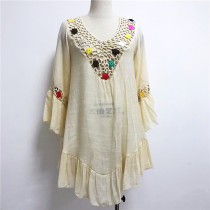 Bikini Cover-Ups Swimwear Women Hand Crochet Beach Smock Summer Oversized Hollow Dresses V Neck Loose Wraps Casual Sun-proof Blouse