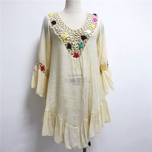 Bikini Cover-Ups Swimwear Women Hand Crochet Beach Smock Summer Oversized Hollow Dresses V Neck Loose Wraps Casual Sun-proof Blouse