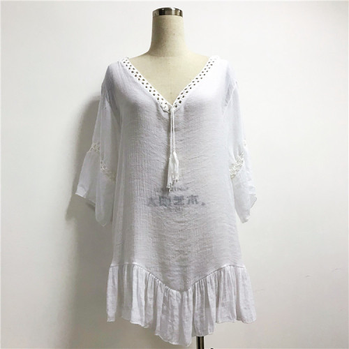 New Sexy Women Lace Short Dress Ladies V Neck Long Sleeve Floral Dresses Summer Casual Beach White Mini Sundress Hot Sell