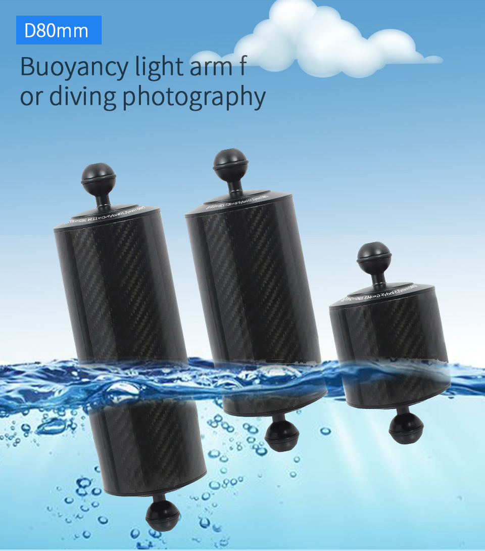 BGNING Diving Buoyancy Arm D80mm Underwater Photography Fill Light Arm Rod Aluminum Alloy Double Ball Head Carbon Fiber Light Arm 5/8/10 inch Buoyancy 247g / 619g / 872g Black Upgraded