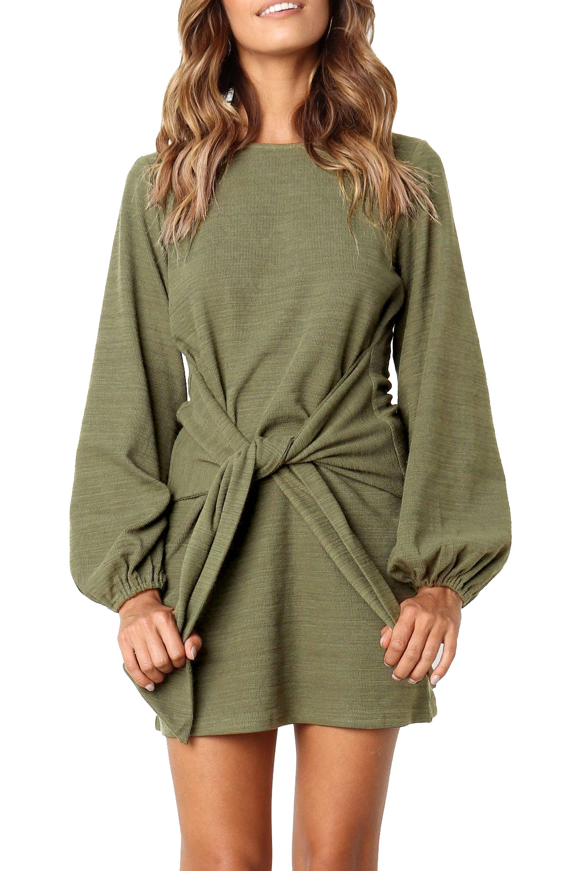 R.Vivimos Women Autumn Winter Cotton Long Sleeves Elegant Knitted Bodycon Tie Waist Sweater Pencil Dress2