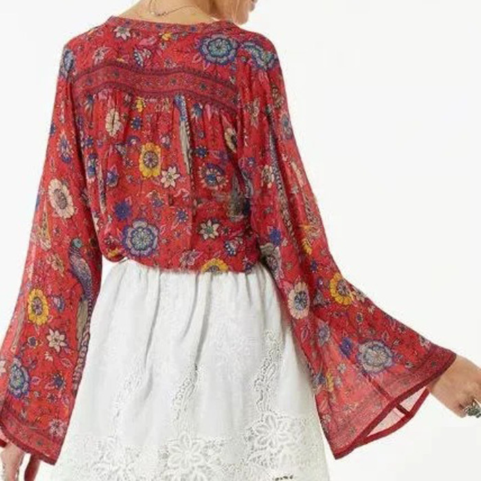 R.Vivimos Women's 3/4 Sleeve Floral Print Ruffle Boho Button Up Shirt Cotton Tops Blouses