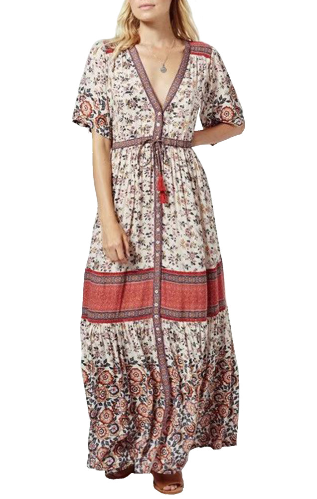 R.Vivimos Women Summer Cotton V Neck Buttons Floral Print Drawstring Bohemian Maxi Dresses