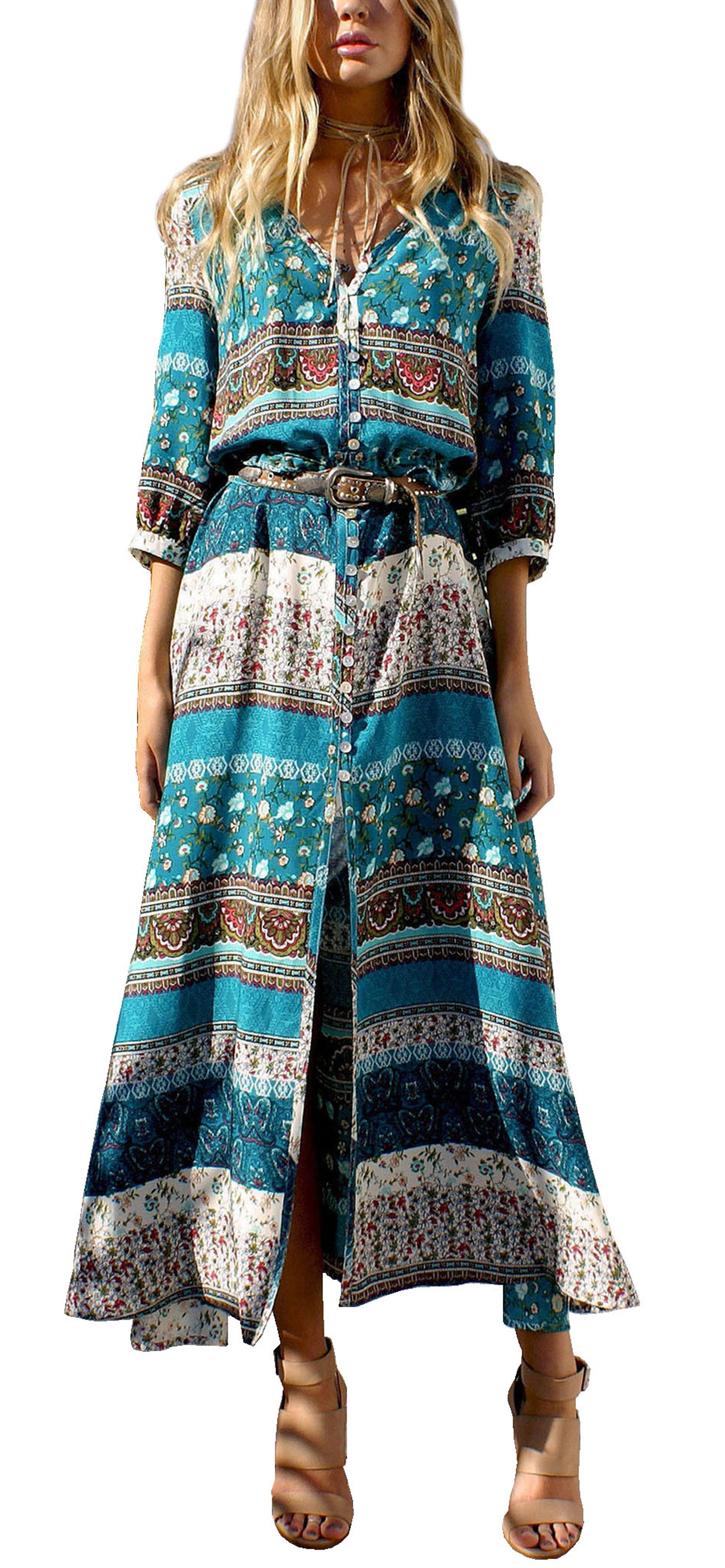 R.Vivimos Women's Summer Button Up Floral Print Split Beach Maxi Dresses4