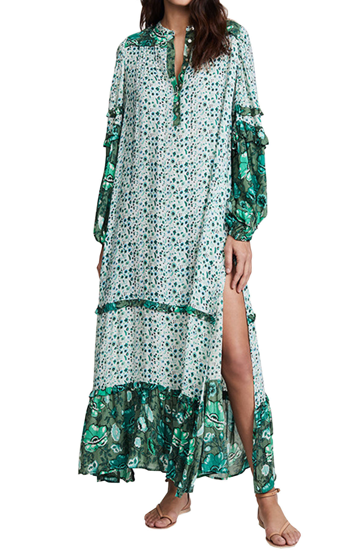 R.Vivimos Women's Long Sleeve Floral Print Bohemian Maxi Dresses with Slit