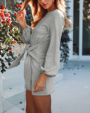 R.Vivimos Women Autumn Winter Cotton Long Sleeves Elegant Knitted Bodycon Tie Waist Sweater Pencil Dress