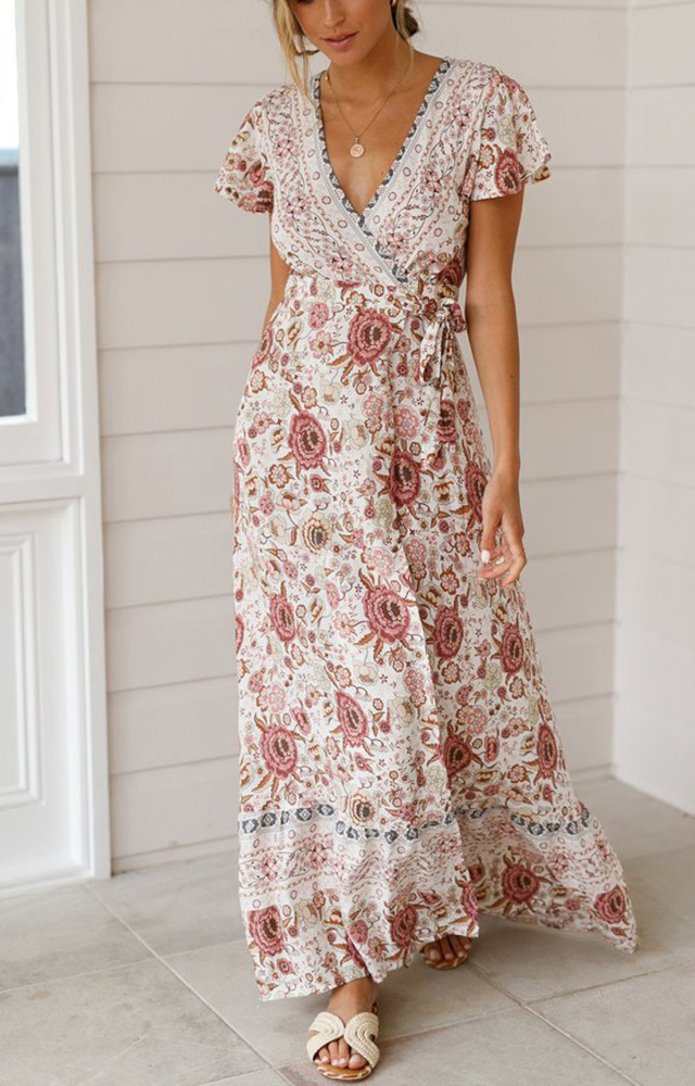 R.Vivimos Women's Summer Short Sleeve Floral Print Bohemian Beach Waist Tie Wrap Long Flowy Dress with Slit