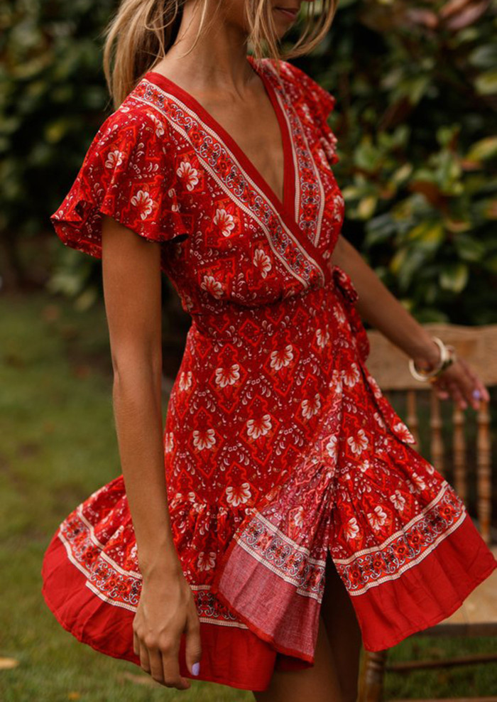 R.Vivimos Women's Summer Short Sleeve Casual Bohemian Beach Ruffle Floral Print Bow Tie Short Sun Dress