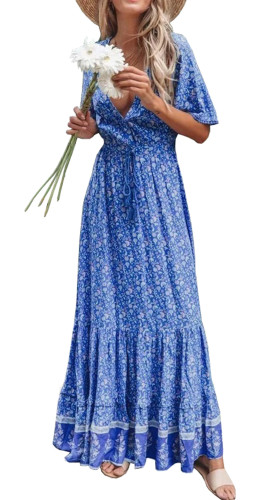 R.Vivimos Womens Summer Cotton Short Sleeve V Neck Floral Print Casual Bohemian Long Dresses