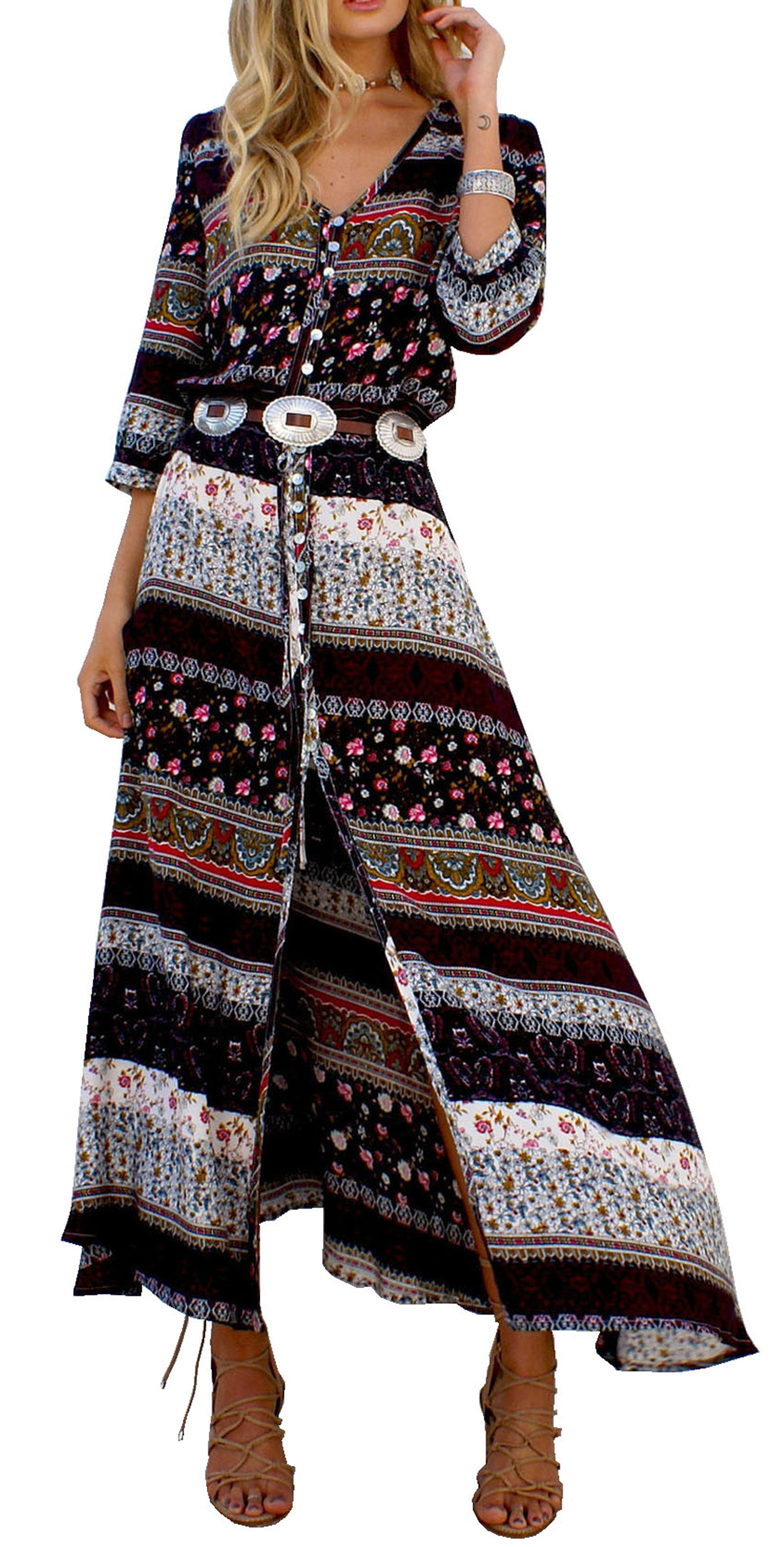 R.Vivimos Women's Summer Button Up Floral Print Split Beach Maxi Dresses3