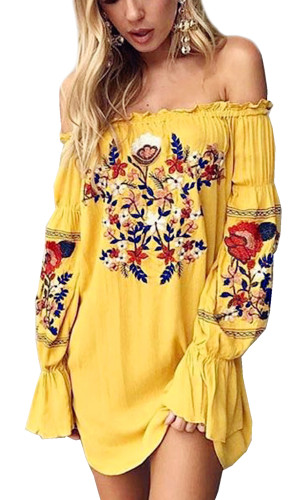 R.Vivimos Womens Floral Embroidered Off Shoulder Long Sleeve Short Dresses