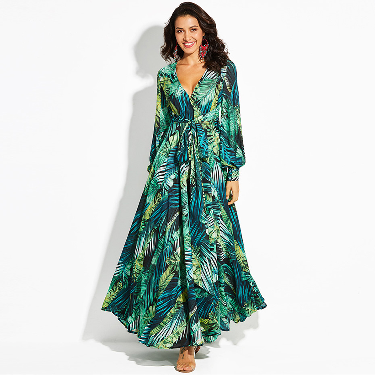 R.Vivimos Women's Chiffon Print V Neck Long Sleeve Tie Waist Casual Boho Maxi  Dresses