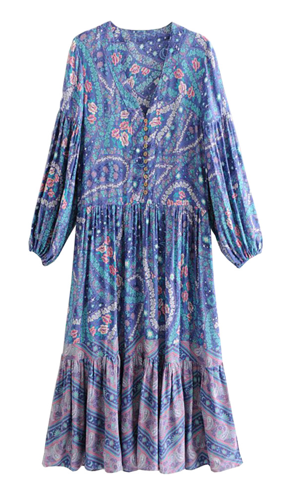 R.Vivimos Womens's Cotton Long Sleeve Vintage Floral Bohemian Beach V Neck Bottons Casual Maxi Dresses