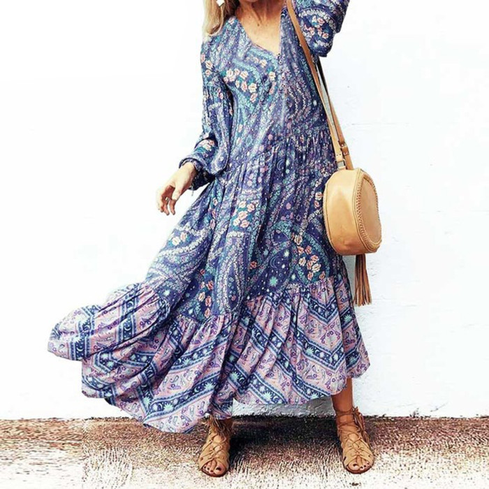 R.Vivimos Womens's Cotton Long Sleeve Vintage Floral Bohemian Beach V Neck Bottons Casual Maxi Dresses